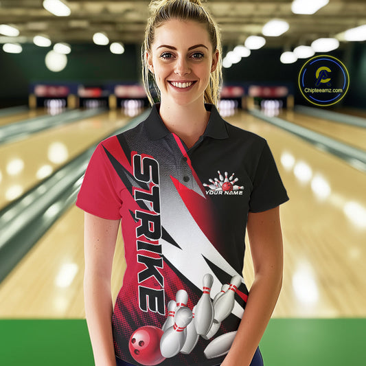 Custom Black And Red Strike Bowling Polo Shirts For Women, Bowling Team Uniform IPHW9423