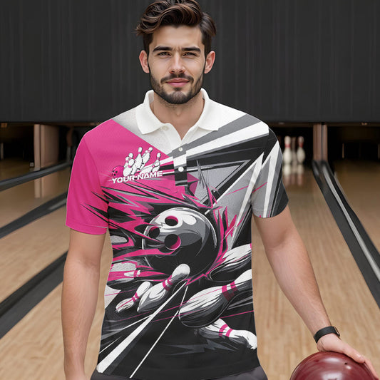 Custom Black And Pink Striking Bowling Polo Shirts For Men, Team Uniform Bowlers Outfits IPHW8764