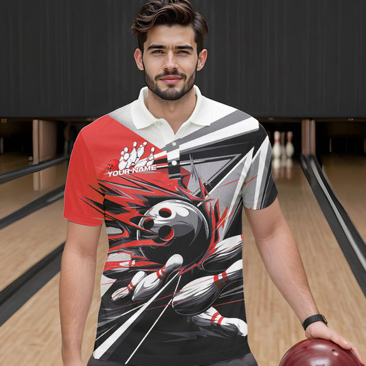 Custom Black And Red Striking Bowling Polo Shirts For Men, Team Uniform Bowlers Outfits IPHW8766