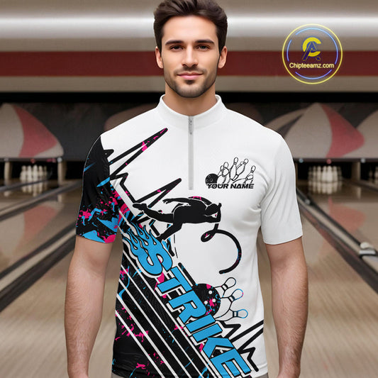 Custom Blue And Pink Camo Strike Bowling Quarter-Zip Shirts For Men, Bowling Heartbeat Pulse Line IPHW9248