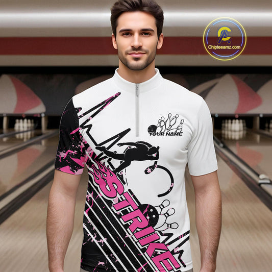 Custom Black And Pink Camo Strike Bowling Quarter-Zip Shirt For Men, Bowling Heartbeat Pulse Line IPHW9250