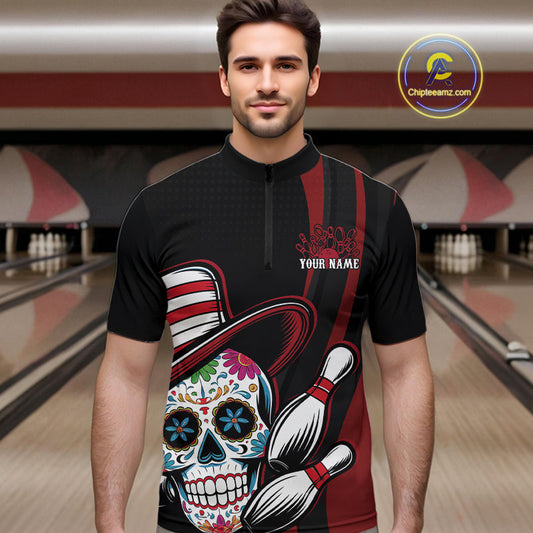 Custom Black And Red Sugar Skull Bowling Team Quarter-Zip Shirts For Men, Bowling League Shirt IPHW9256