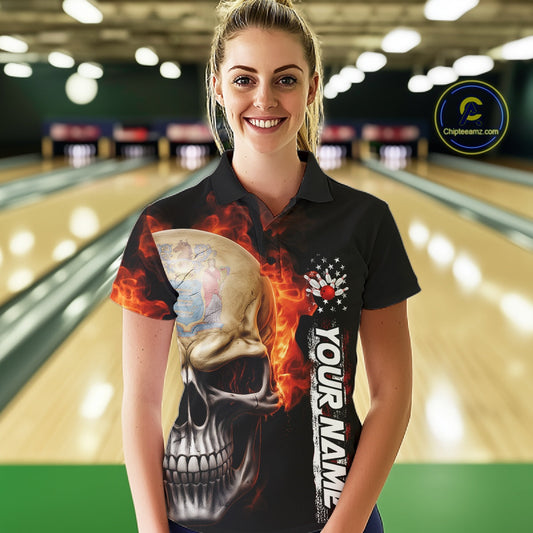 Custom Flame Skull American New Jersey Flag Women Bowling Shirt, Patriotic Bowling Shirt IPHW10639