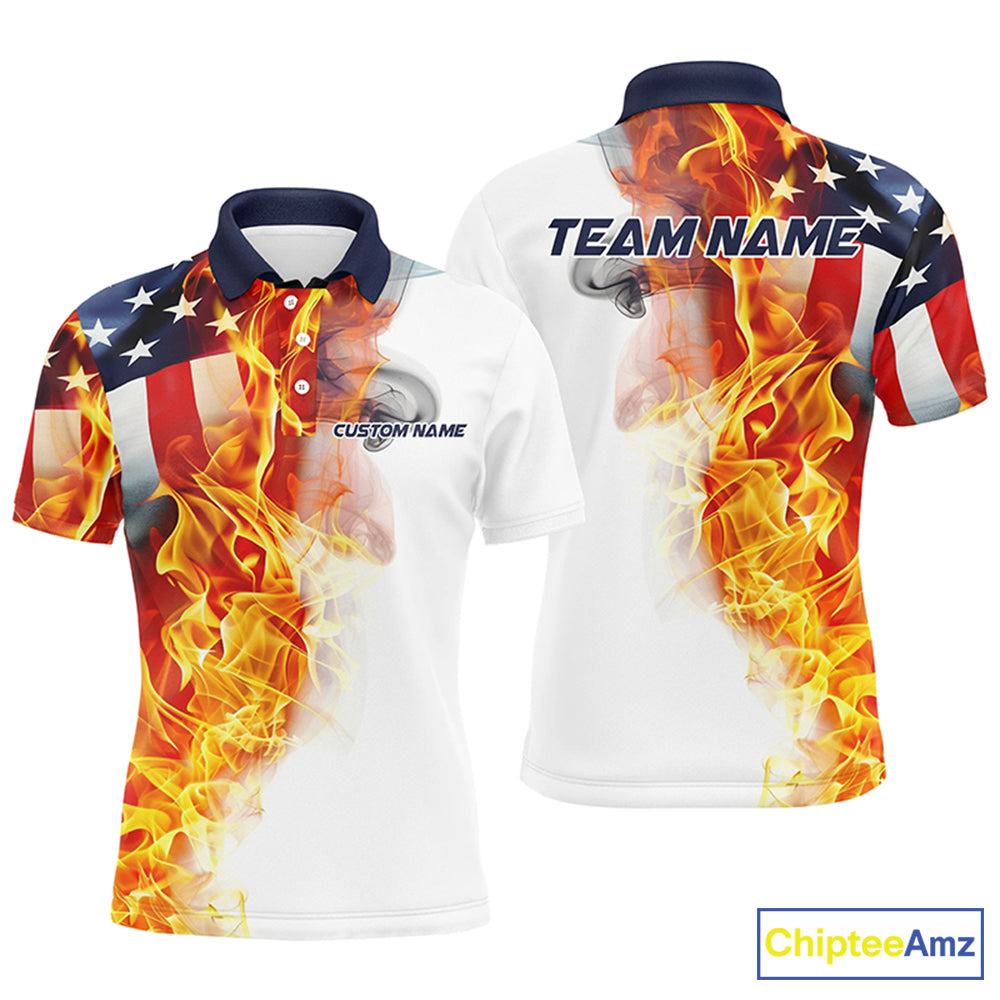 Flame American Flag Custom Polo /Quarter-Zip Shirts For Men Women, Patriotic Bowling Team Jersey IPHW5984