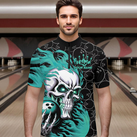 Custom Black And Blue Flame Skull Bowling Men Quarter-Zip Shirts, Skull Halloween Bowling Outfit IPHW8776