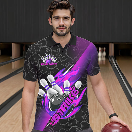 Custom Black And Blue Purple Flame Strike Bowling Men Polo Shirts, Bowling Ball Pattern Shirt IPHW8782
