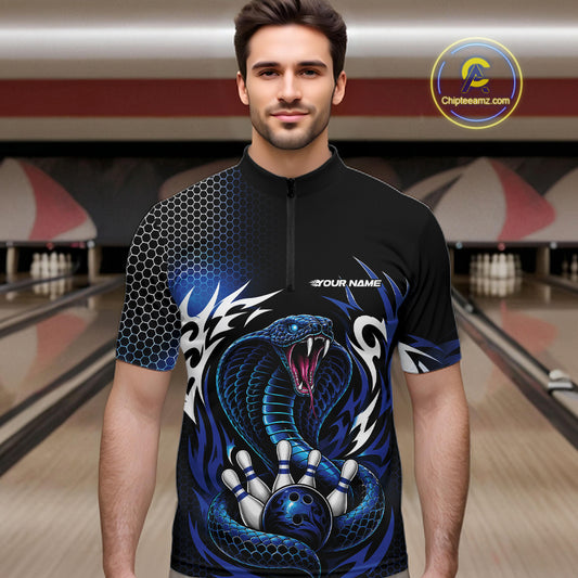 Custom Black And Blue Tribal Cobra Snake Bowling Jerseys Bowling Men Quarter Zip Shirt IPHW11711