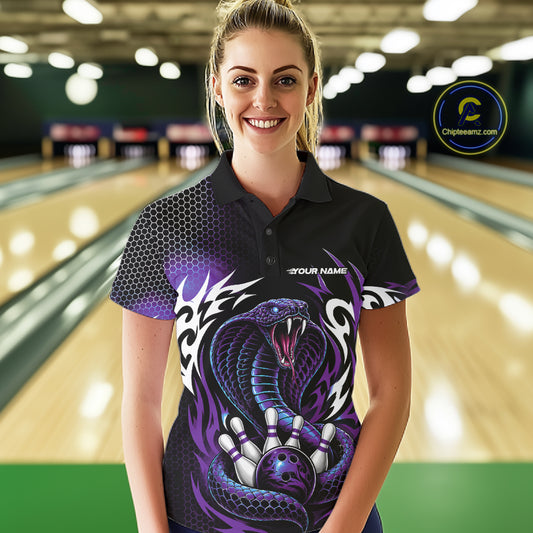 Custom Black And Purple Tribal Cobra Snake Bowling Jerseys Bowling Women Polo Shirt IPHW11712