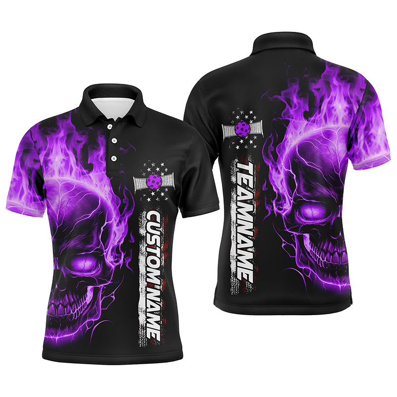 Flame Skull American Flag Custom Team Pickleball Shirts For Men, Patriotic Pickleball Jerseys IPHW5193
