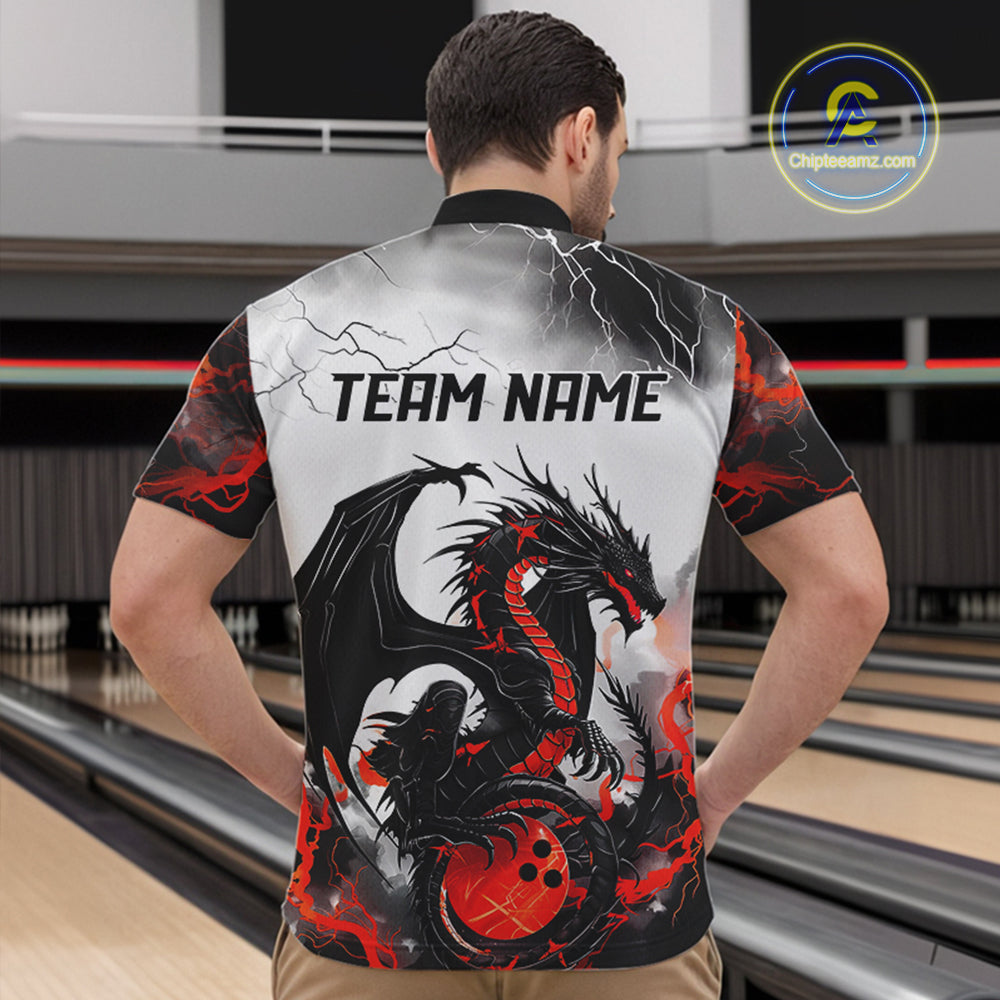 Back view of a male model in a bowling alley wearing a custom quarter-zip bowling shirt featuring a red dragon and lightning strikes design.