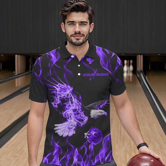 Custom Black And Purple Flame Eagle Bowling Team Men Polo Shirts, Eagle Bowling League Shirt IPHW8790
