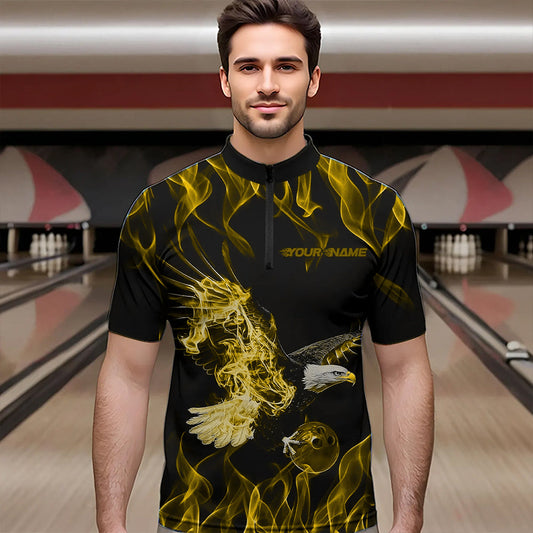 Custom Black And Yellow Flame Eagle Bowling Team Men Quarter-Zip Shirts, Eagle Bowling League Shirt IPHW8793