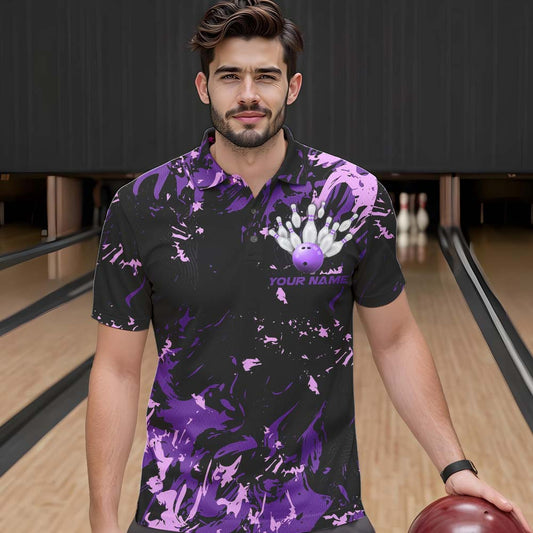 Black, Purple And Pink Custom Bowling Team Men Polo Shirts, Bowling Ball And Pin Jerseys IPHW8796