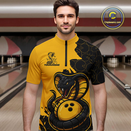 Custom Black And Yellow Cobra Snake Bowling Men Quarter-Zip Shirts Team Uniform Bowling Pattern IPHW9030