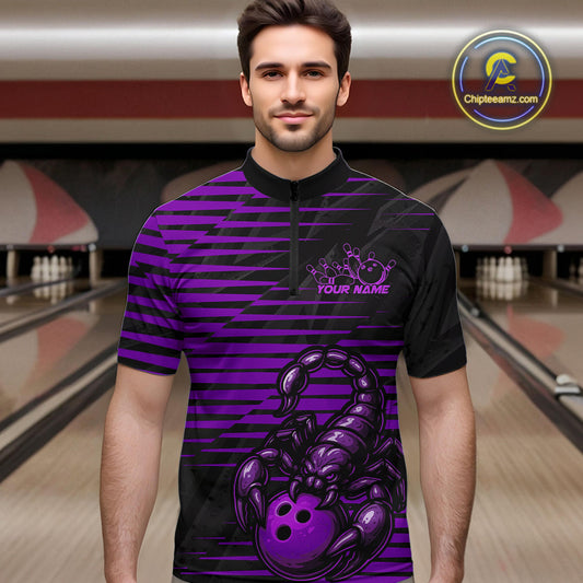 Custom Black And Purple Scorpion Bowling Team Quarter-Zip Shirts For Men, Bowling League Shirt IPHW9035