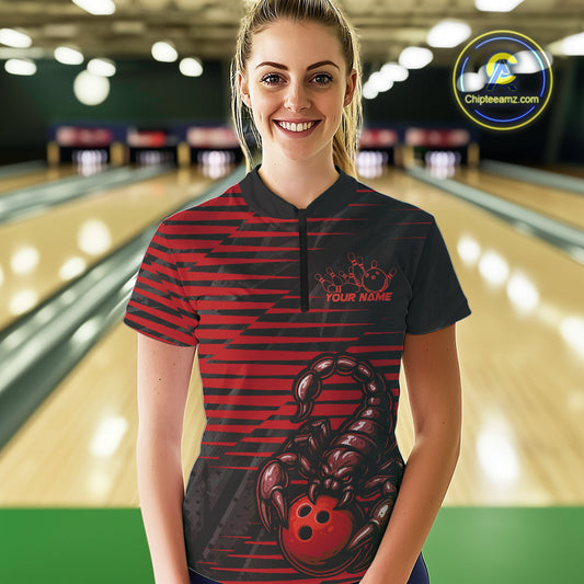 Custom Black And Red Scorpion Bowling Team Women Quarter-Zip Shirt, Bowling League Shirt IPHW9036
