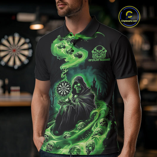Custom Green Flame Grim Reaper Dart Men Polo Shirts, Dart Team Halloween Outfits IPHW9980