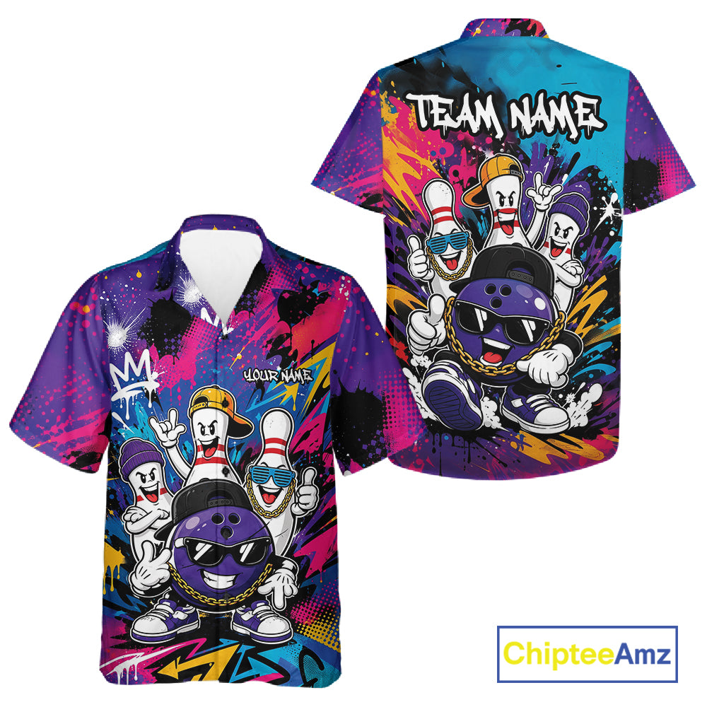Custom Funny Colorful Hiphop Bowling Men And Women Button Up Team Shirt, Graffity Bowling Jerseys IPHW11804