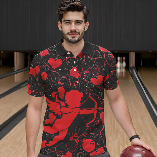 Black And Red Custom Valentines Day Bowling Polo Shirts For Men, Bowling Couple Shirt IPHW8329