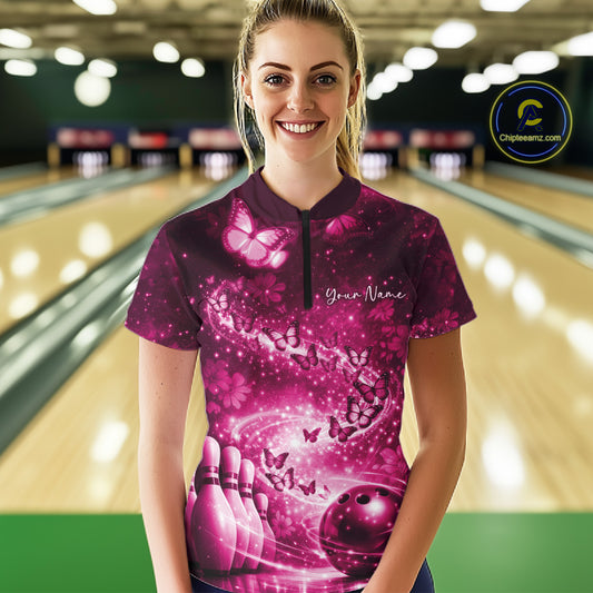 Custom Elegant Pink Butterfly Women Bowling Shirt, Ladies Bowling Team Outfit IPHW10909