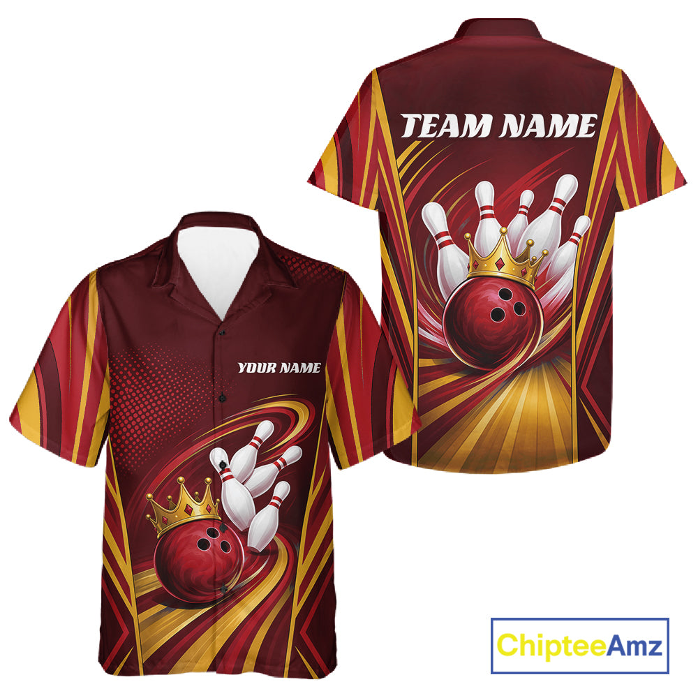 Custom Red And Gold King Crown Bowling Team Men And Women Button Up Shirt, Bowling League Shirt IPHW11824
