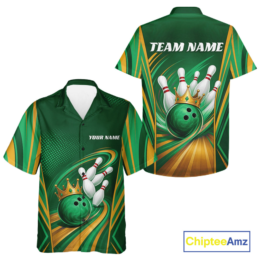 Custom Green And Gold King Crown Bowling Team Men And Women Button Up Shirt, Bowling League Shirt IPHW11826