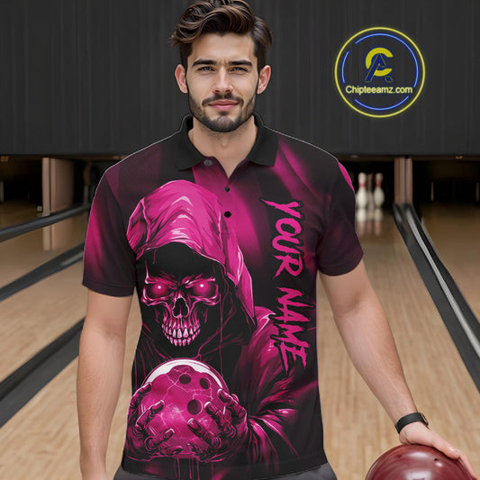 Pink Bowling Grim Reaper Custom Men Bowling Polo Shirts Skull Bowling Team Jerseys IPHW10697