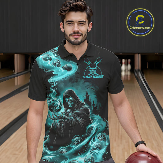 Custom Grim Reaper Bowling Polo Shirts For Men, Teal Blue Flame Skull Halloween Design IPHW9082
