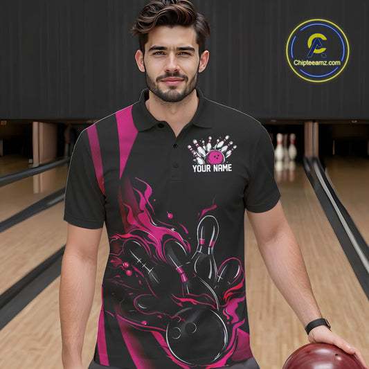 Custom Pink Flame Bowling Polo Shirts For Men, Striking Fire Jerseys Team Uniform IPHW9086