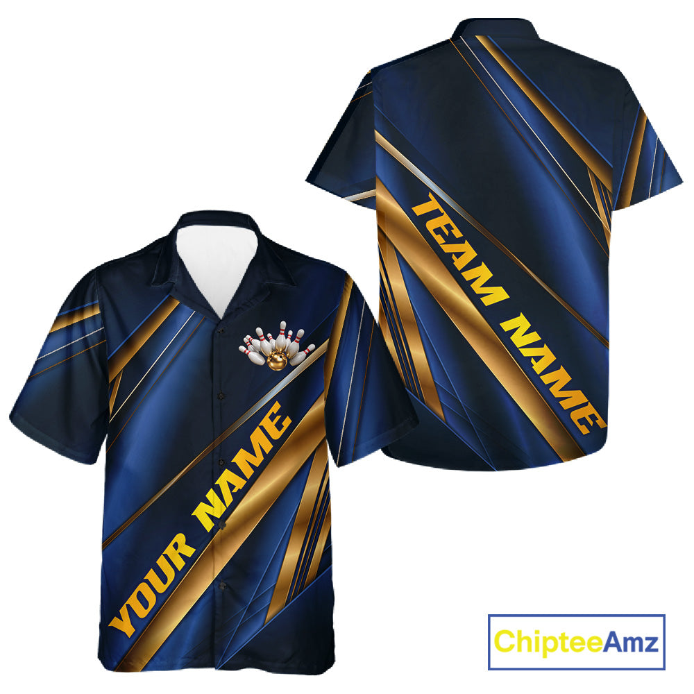 Custom Blue And Gold Stripes Men And Women Bowling Hawaiian Shirt, Golden Bowling Team Jerseys IPHW11610