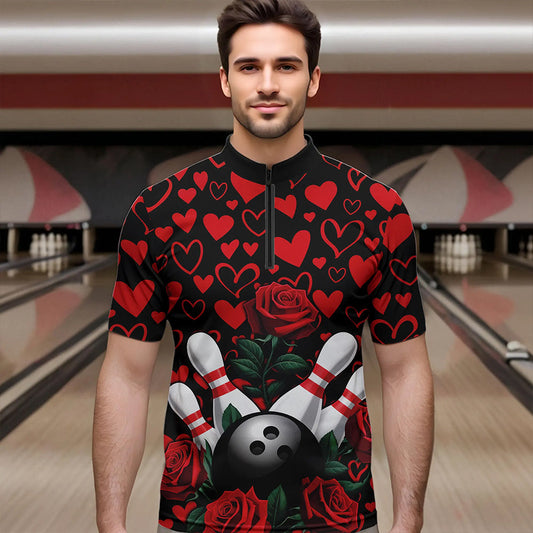 Black And Red Heart Theme Custom Valentines Bowling Quarter-Zip Shirt For Men, Couple Bowling Shirt IPHW8356