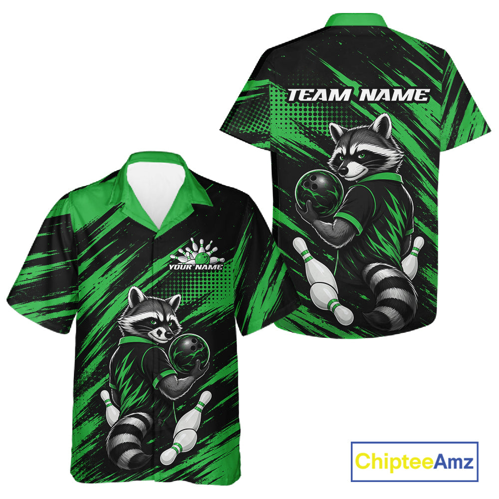 Custom short-sleeve bowling-themed camp shirt shown in front and back views. The design features a raccoon bowling with green and black brushstroke patterns, customizable text 'TEAM NAME' on the back, and 'YOUR NAME' on the front.
