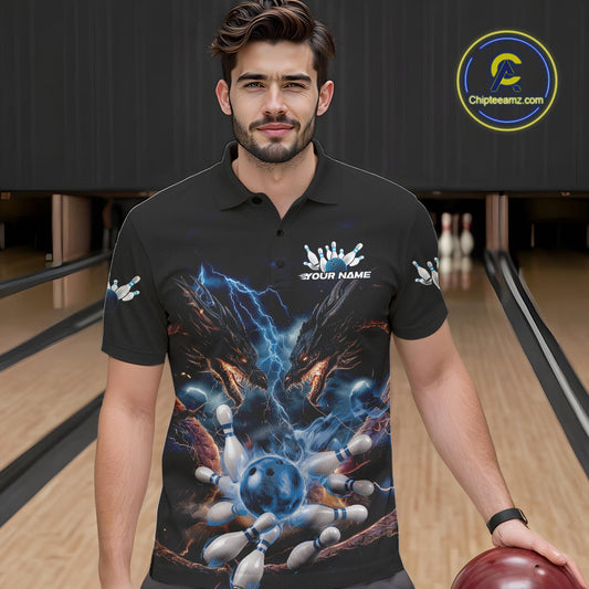 Custom Blue Lightning Flame Dragons Bowling Men Polo Shirt, Fire Dragon Bowling Jerseys IPHW9815