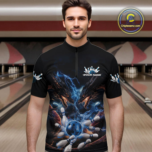 Custom Blue Lightning Flame Dragons Bowling Men Quarter-Zip Shirt, Fire Dragon Bowling Jerseys IPHW9815