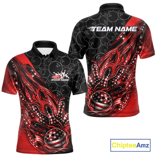 Custom Patriotic Red Flame Bowling Shirts, US Flag Bowling Team Jerseys Freedom 4Th Of July Bowling Shirt IPHW10428