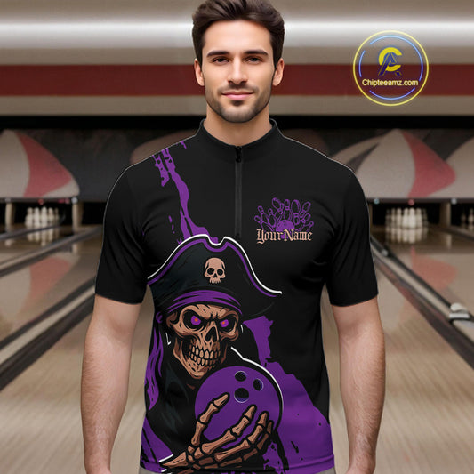 Custom Black And Purple Pirate Bowling Men Quarter-Zip Shirt, Pirate Bowling Team Jerseys IPHW10708