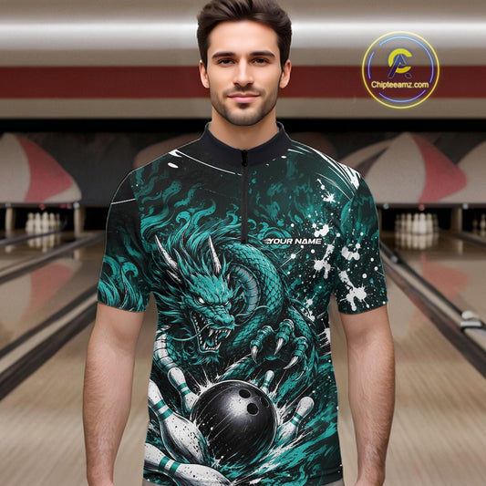 Man wearing a bowling shirt with a dragon design in a bowling alley.