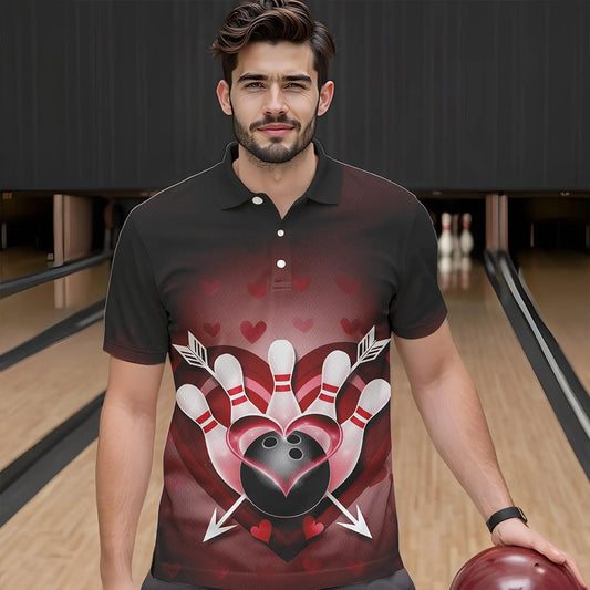 Custom Valentine Bowling Heart And Arrow Polo Shirts For Men, Couple Bowling Outfits IPHW8368