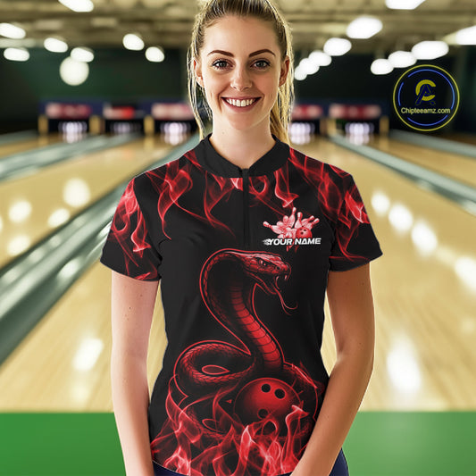 Custom Black And Red Flame Cobra Snake Bowling Women Shirts, Bowling League Shirt IPHW10765