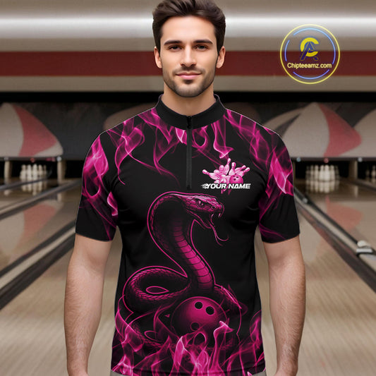 Custom Black And Pink Flame Cobra Snake Bowling Men Shirts, Bowling League Shirt IPHW10766