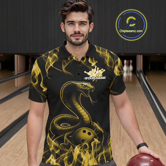 Custom Black And Yellow Flame Cobra Snake Bowling Men Shirts, Bowling League Shirt IPHW10768