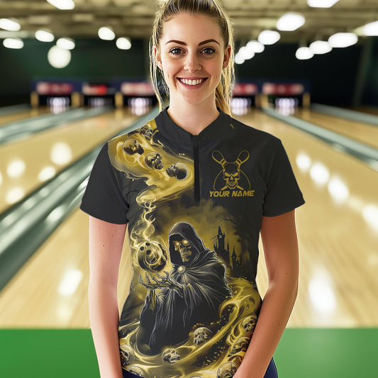 Black And Yellow Grim Reaper Custom Halloween Bowling Team Women Quarter-Zip Shirts Outfit IPHW8894