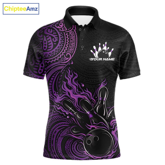 Custom Black And Purple Tribal Flame Bowling Ball Bowling Team Shirts, Polynesian Bowling Tournament Shirt IPHW10500
