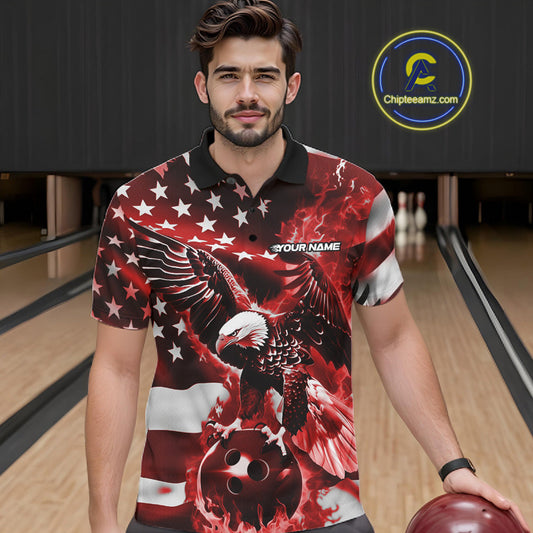 Custom Red Flaming American Flag Eagle Bowling Team Men Shirt, Patriotic Bowlers Outfit IPHW10779