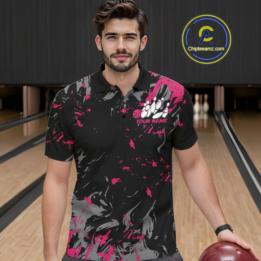 Custom Black And Pink Splatter Camo Bowling Team Polo Shirts For Men IPHW10797