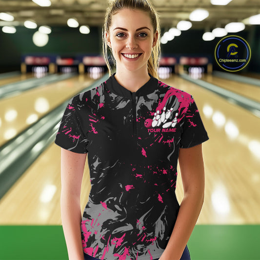 Custom Black And Pink Splatter Camo Bowling Team Quarter-Zip Shirts For Women IPHW10797