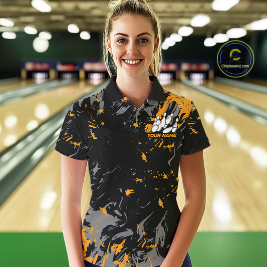 Custom Black And Yellow Splatter Camo Bowling Team Polo Shirts For Women IPHW10800