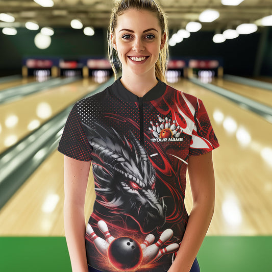 Custom Black And Red Flame Dragon Bowling Jerseys, Dragon Bowling Women Quarter-Zip Shirts IPHW8919