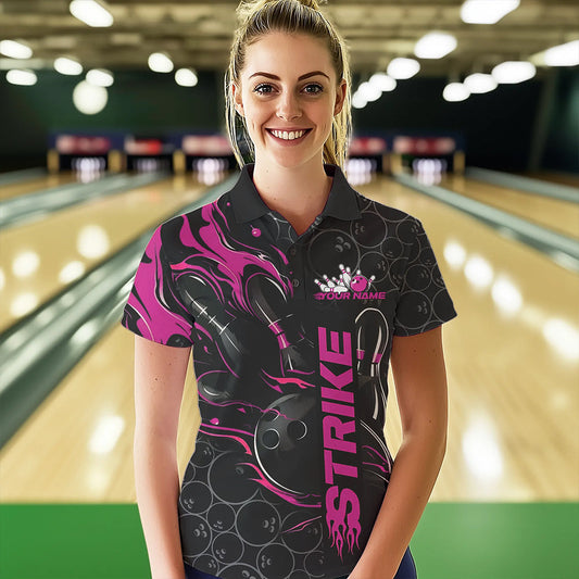 Custom Black And Pink Flame Strike Bowling Team Womens Polo Shirt, Strike Bowling Jerseys IPHW8613