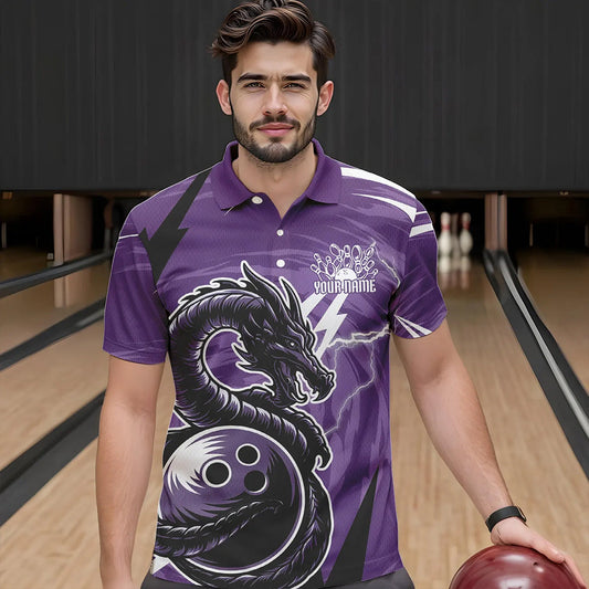 Custom Black And Purple Thunder Lightning Dragon Bowling Jerseys Bowling Polo Shirts For Men IPHW8659